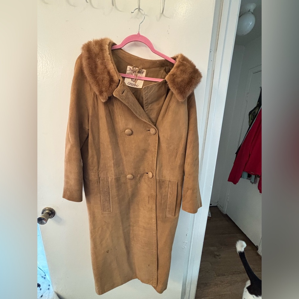 Tan Double-Breasted Women's Suede Coat with Mink Collar